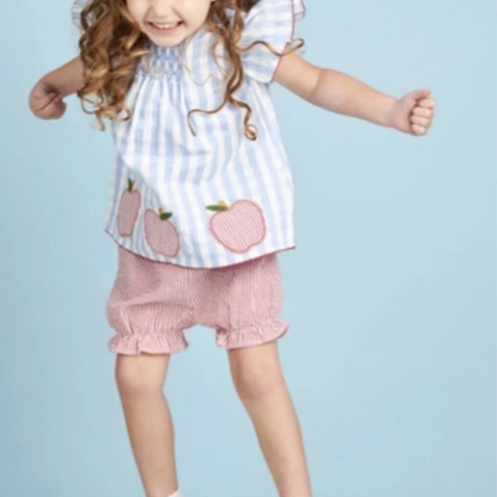 Mud Pie Applique Embroidered Blue Check School Apple Top & Shorts Set Size 4-5